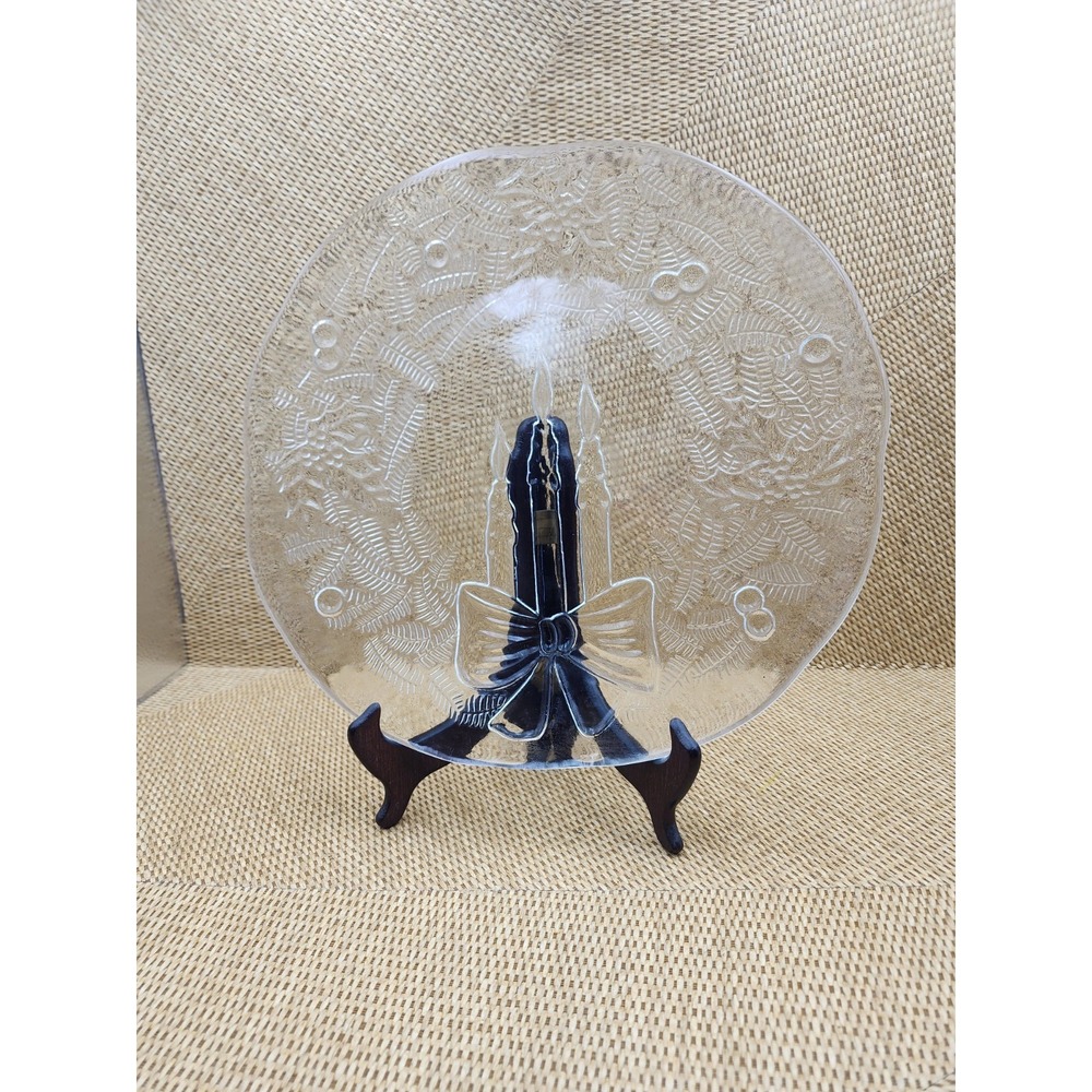 Clear Glass Christmas Platter Candles Bow Holly Design in 12.5" Cookie Desserts